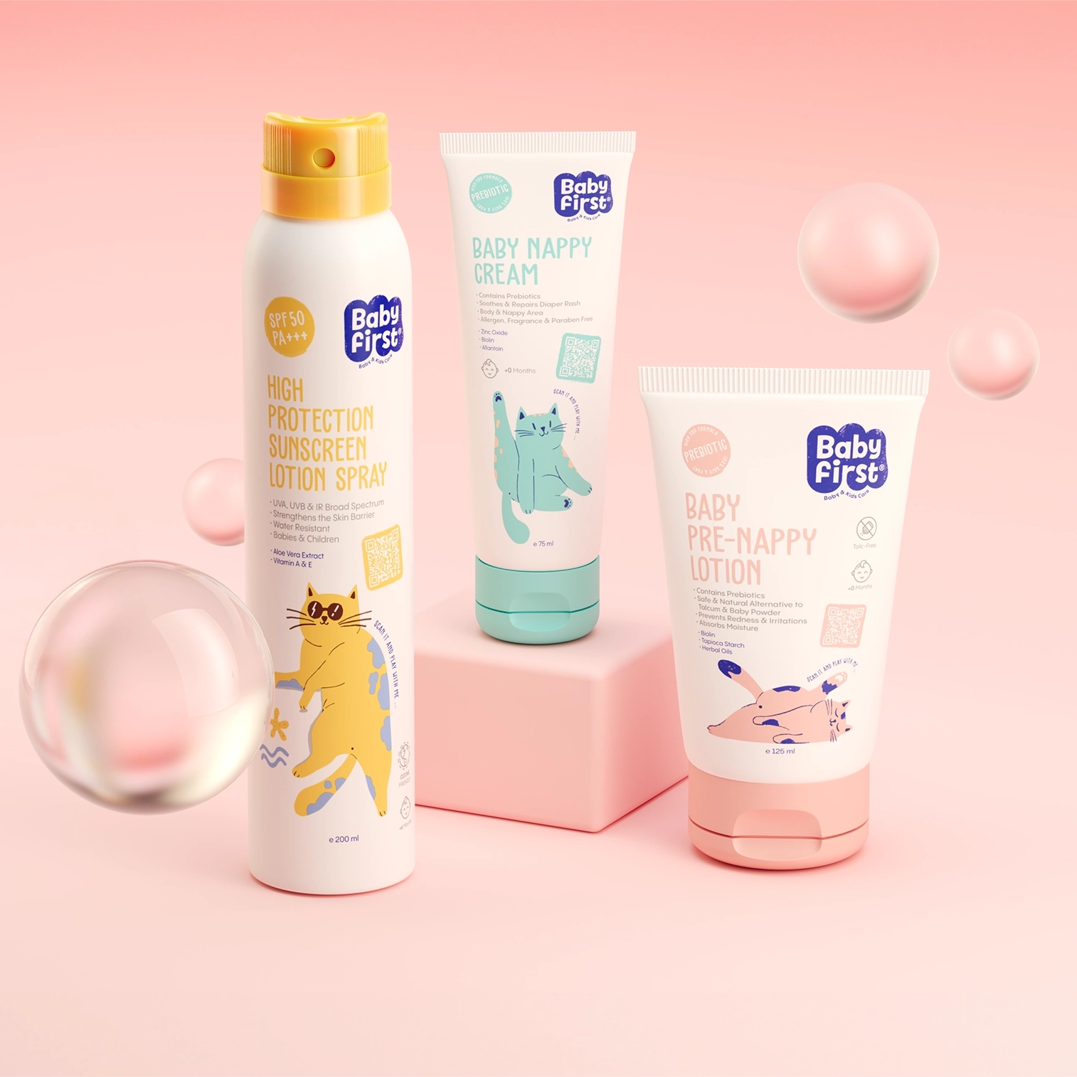 Pentawards-nominated BabyFirst's skincare essentials showcasing playful AR-enabled cat characters in color-coded designs. High protection sunscreen spray, nappy cream, and pre-nappy lotion perfectly balanced between premium care and child-friendly appeal.