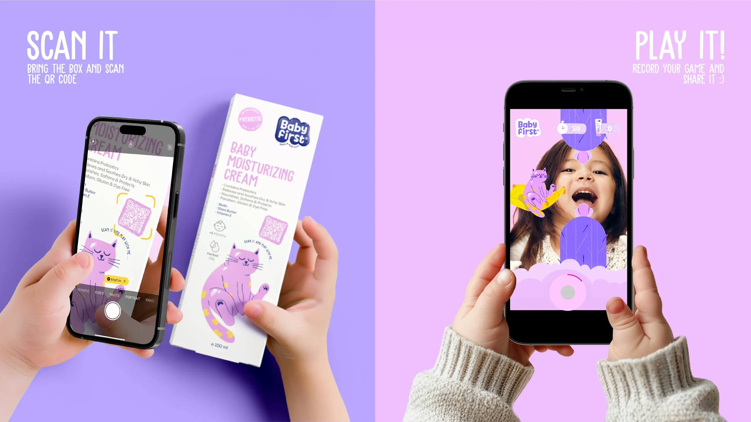 BabyFirst interactive packaging demonstration: QR code scanning and AR game with cat characters.