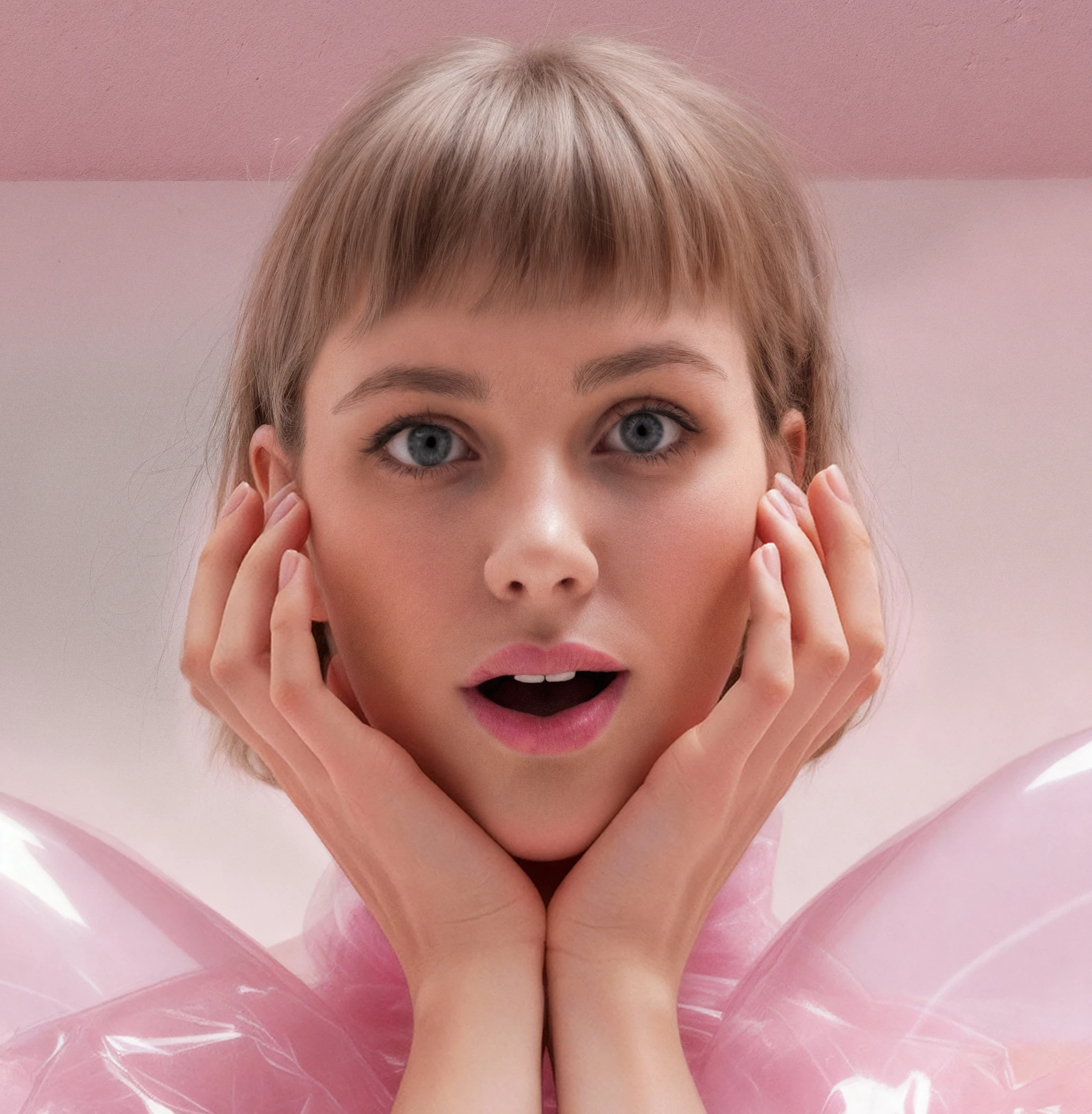 Portrait of a person with short blonde hair and expressive wide eyes, holding their face in surprise against a pink backdrop.