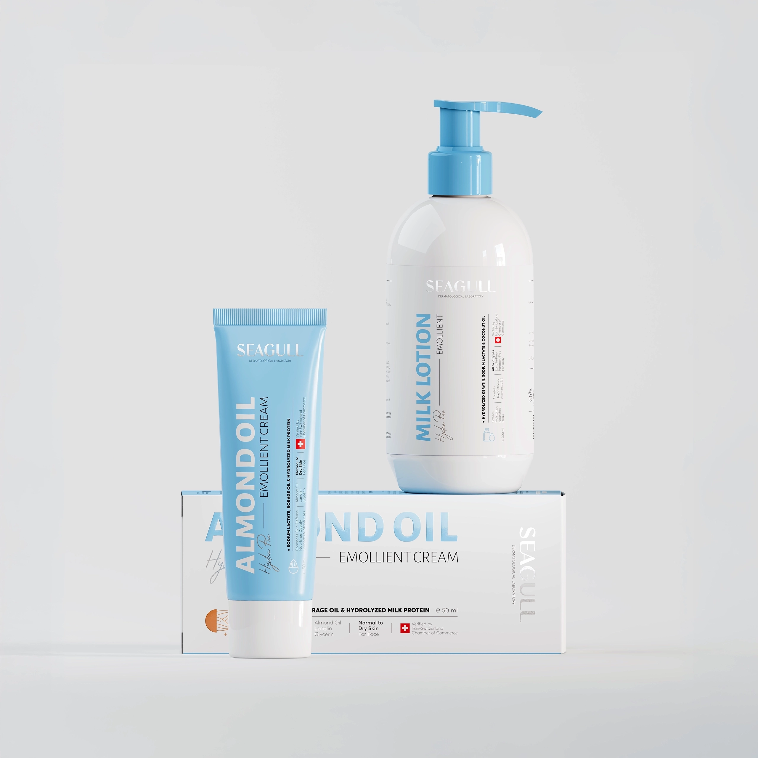 Seagull Almond Oil Emollient Cream packaging boxes designed by DEEEZ, arranged in a repeated pattern with a clean clinical skincare design.
