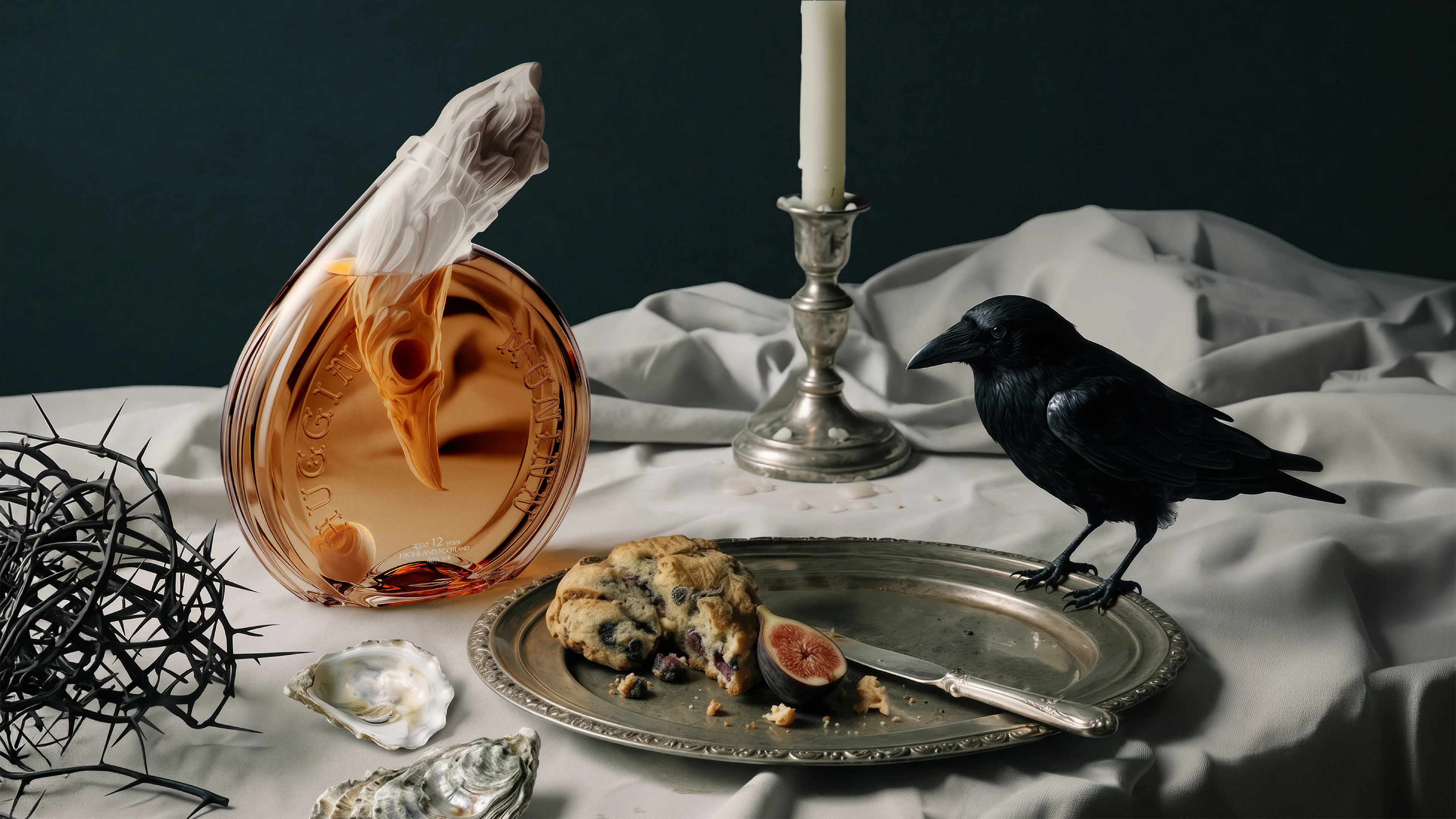 Award-winning creative packaging design for Huginn & Muninn whisky by DEEEZ Design & Creativity Ltd, showcasing a custom sculpted raven bottle closure trapped in the neck, set within an art-historical Scandinavian still-life composition.