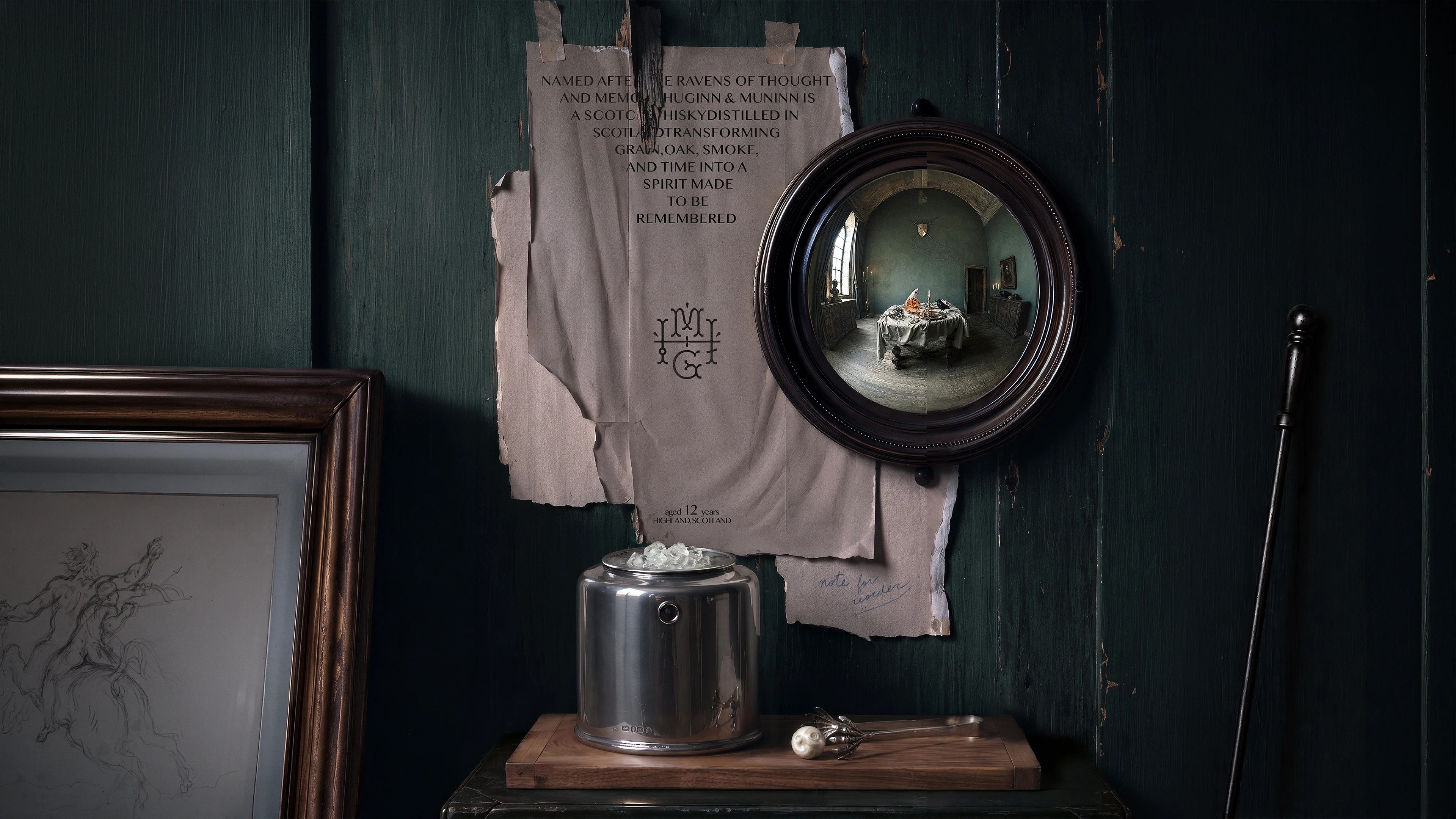 Creative packaging design brand world for Huginn & Muninn whisky by DEEEZ Design & Creativity Ltd, featuring an art-historical convex mirror, brand story manuscript, and custom spirits ritual accessories.