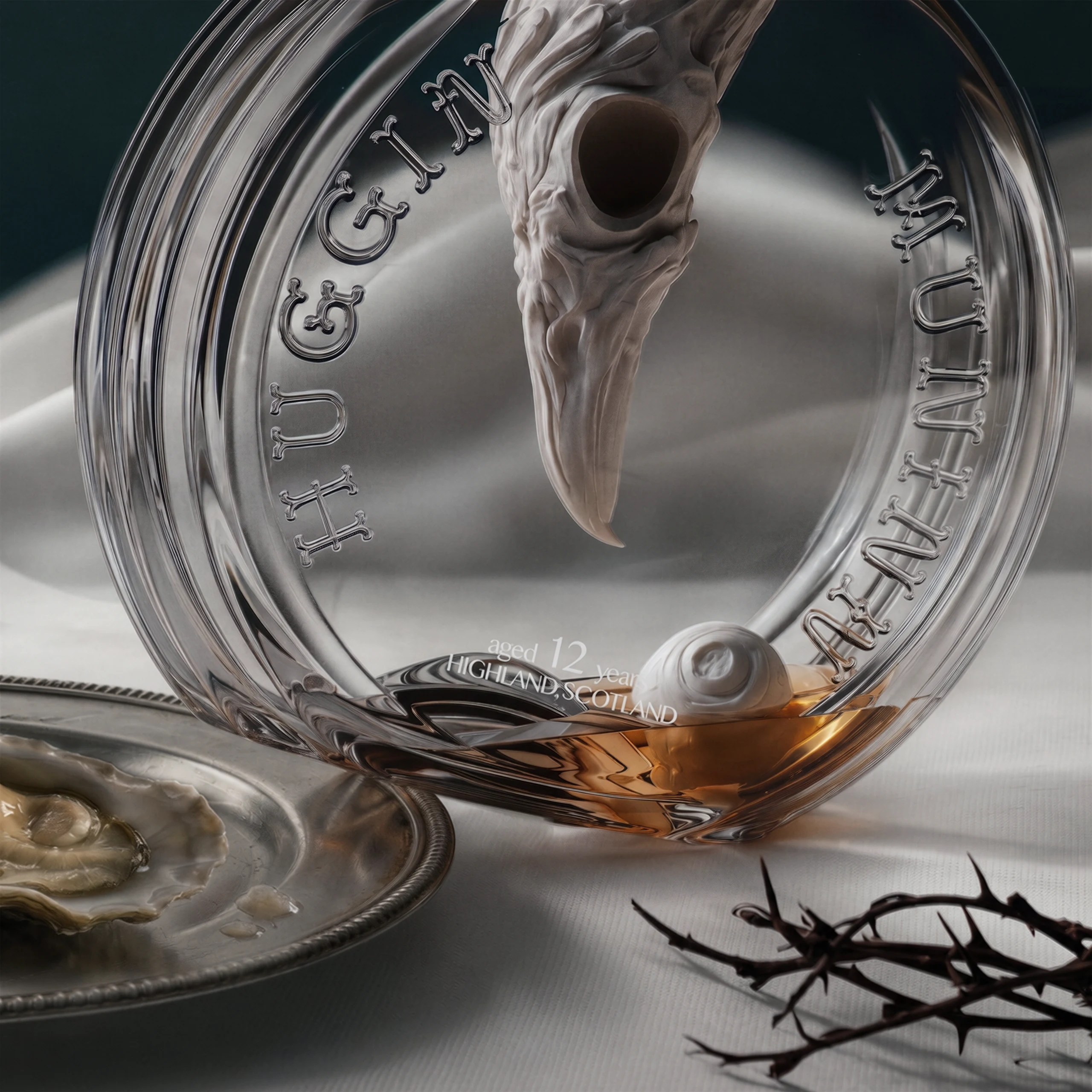 Macro detail of award-winning creative packaging design for Huginn & Muninn whisky by DEEEZ Design & Creativity Ltd, showcasing the sculpted raven head closure trapped inside the embossed glass bottle neck above the submerged lost eye.